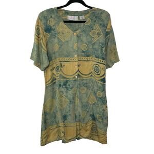 Vtg Passports Pier One Dress Tunic Button Up Aztec Half Sleeve L 90s Boho Rare‎